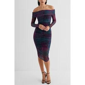 NWT Express Body Contour Mesh Printed Off Shoulder Ruched Midi Dress Small